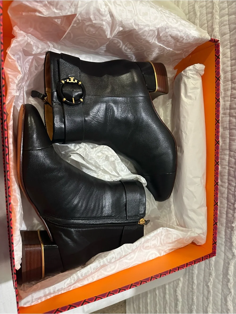 Tory Burch Multi Logo Heel Ankle Boot Goat Leather Black Size 7
